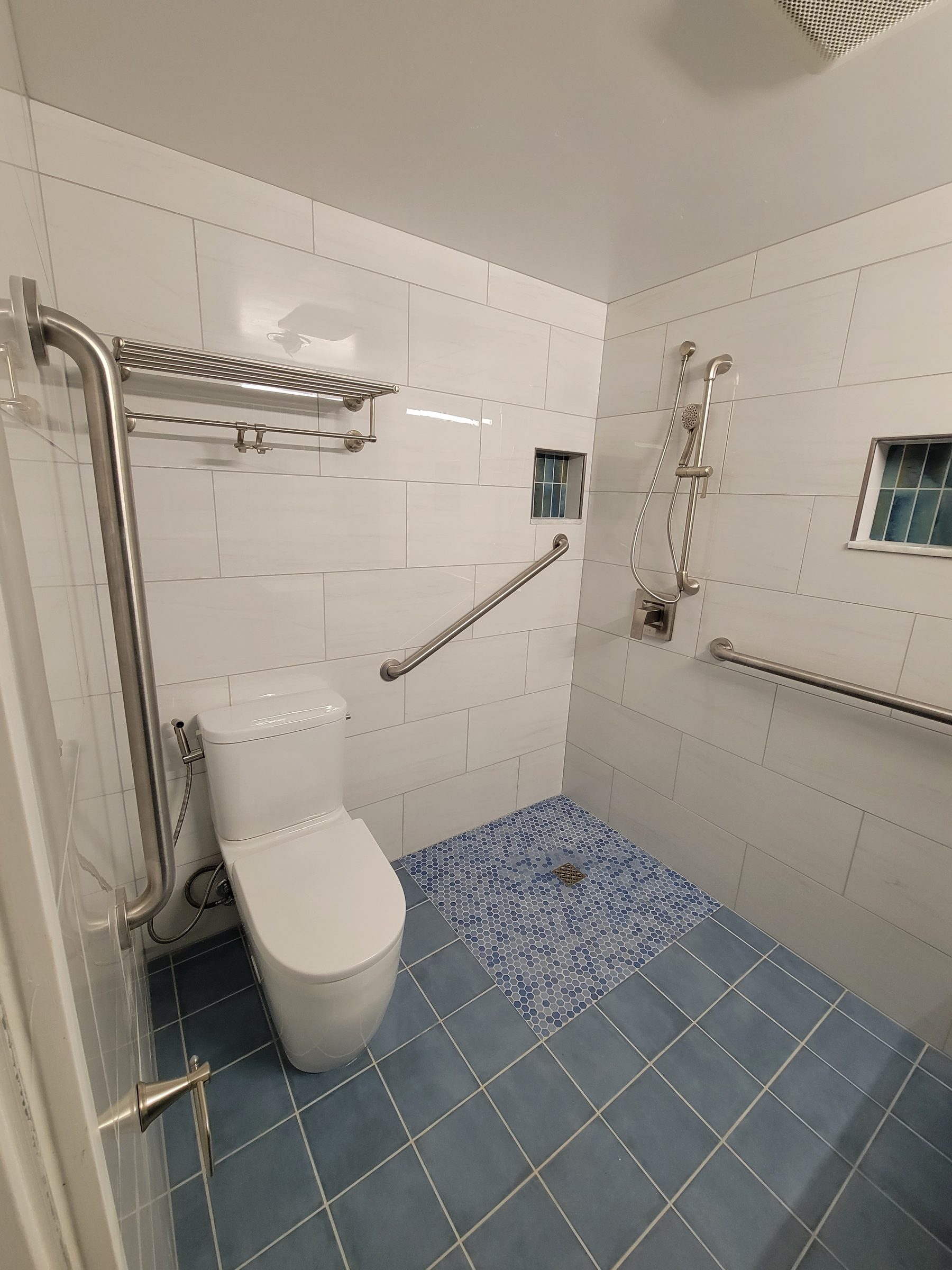 Wet room toilet and grab bar