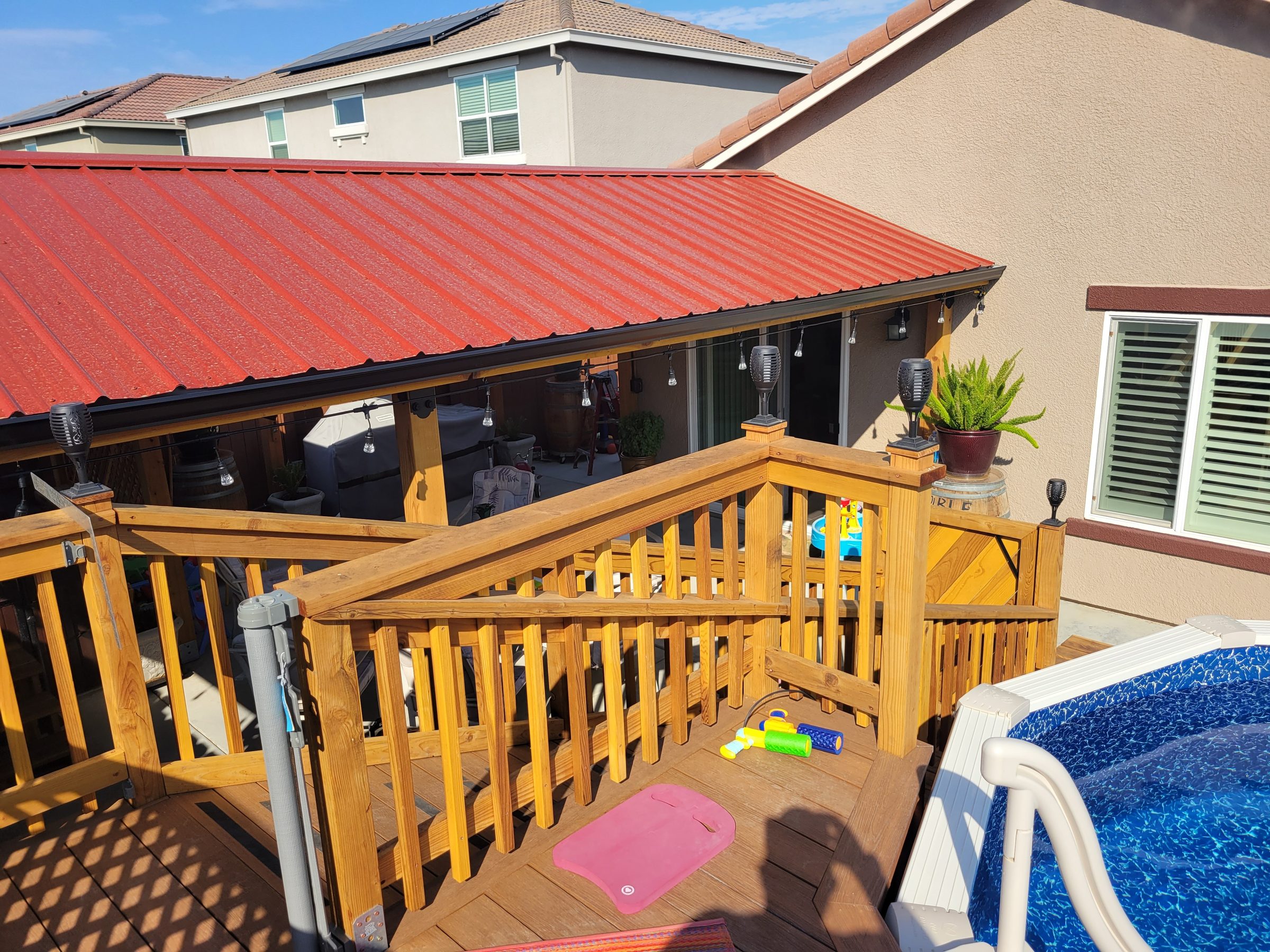 Pool deck stairway and railing