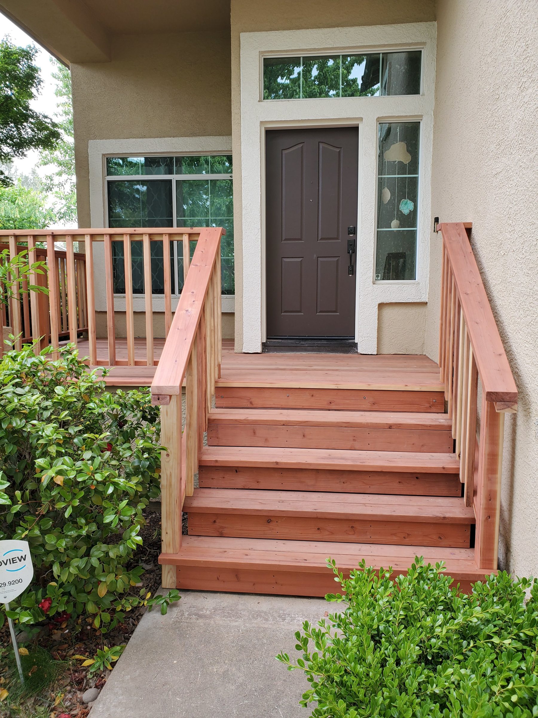 Redwood front entry porch and railing