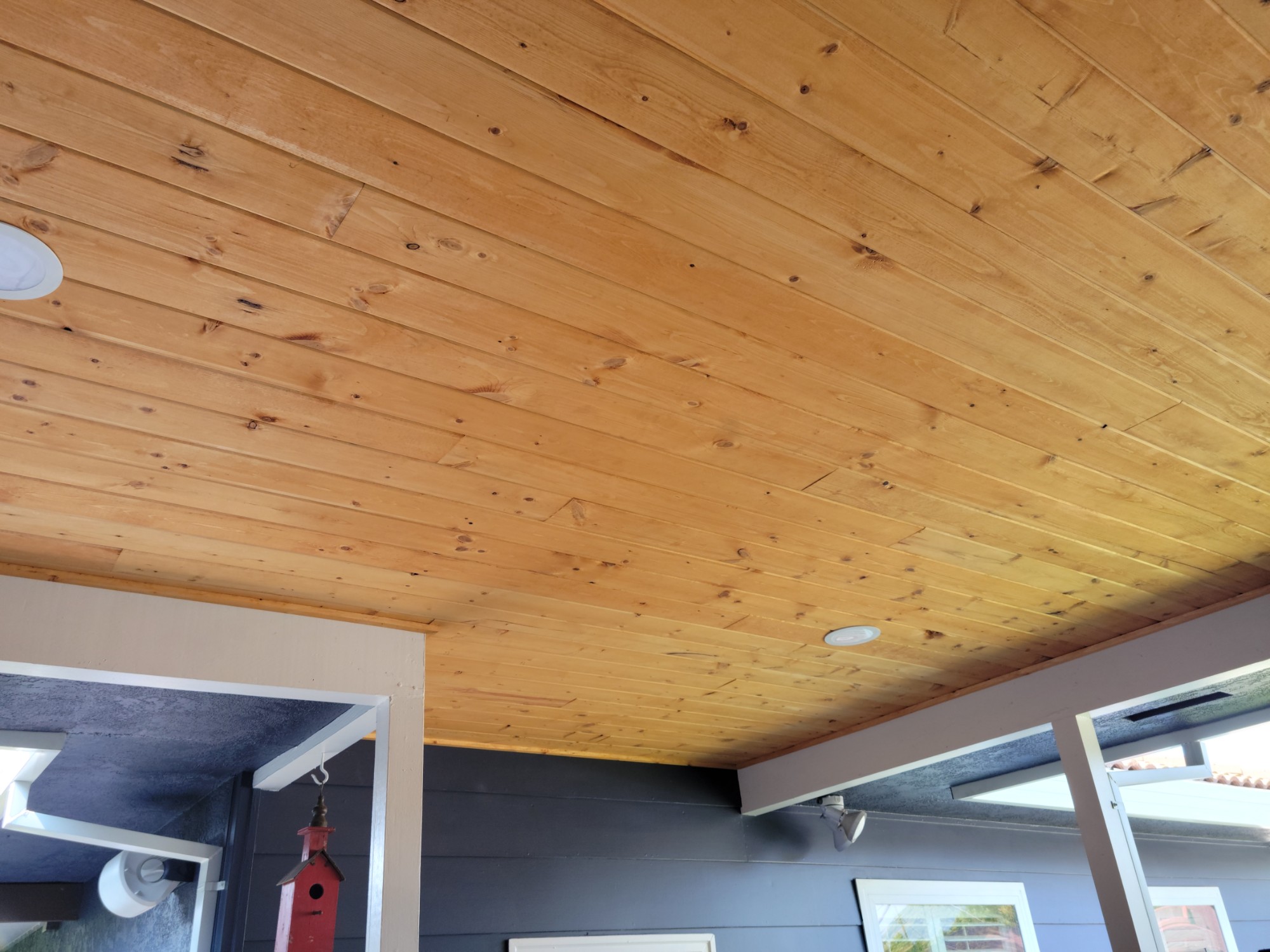 Cedar soffit ceiling, corner view toward the entry