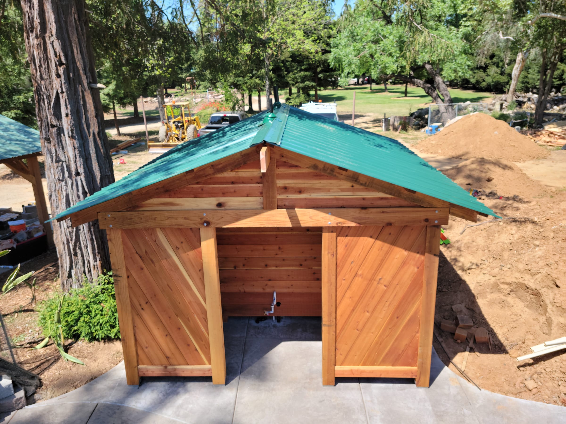 Pool bathroom structure, elevated front view