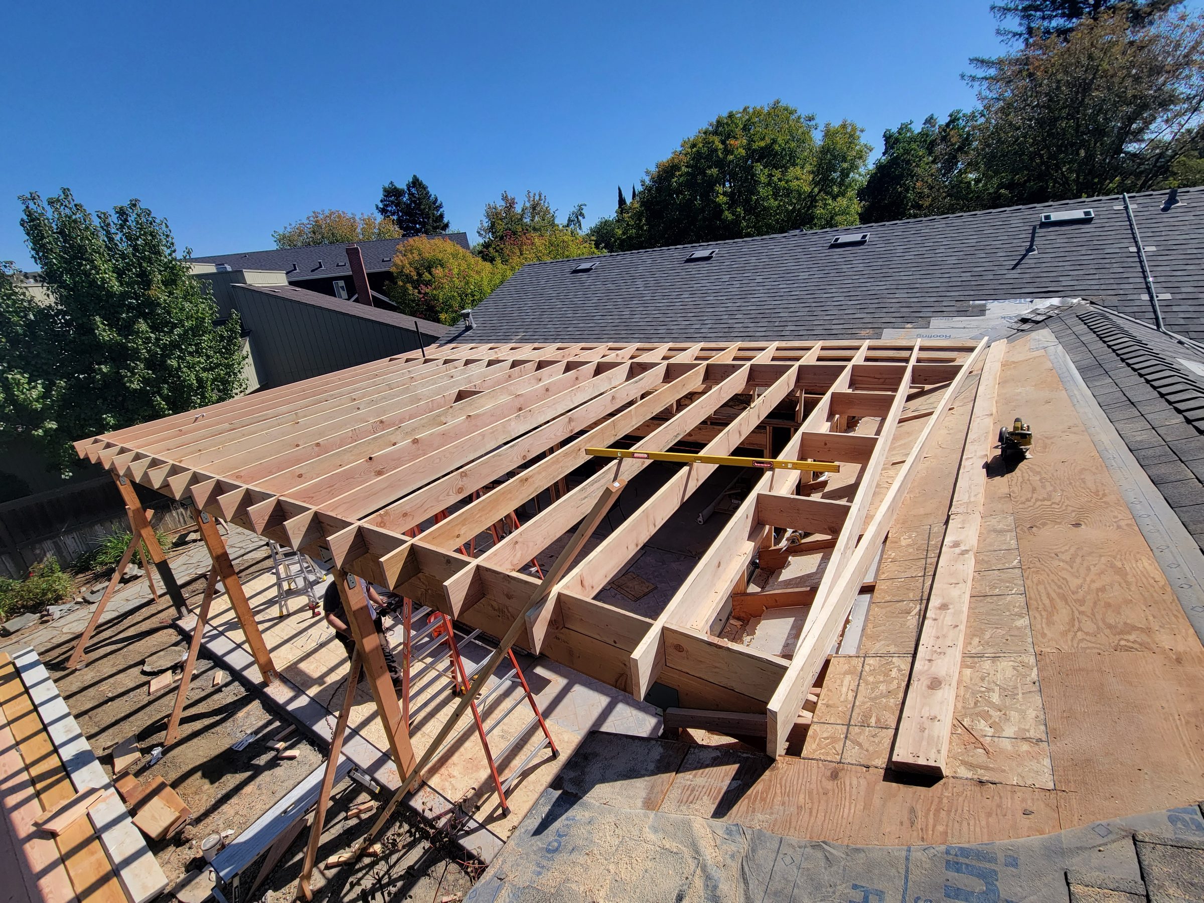 Close view of new roof framing and headers